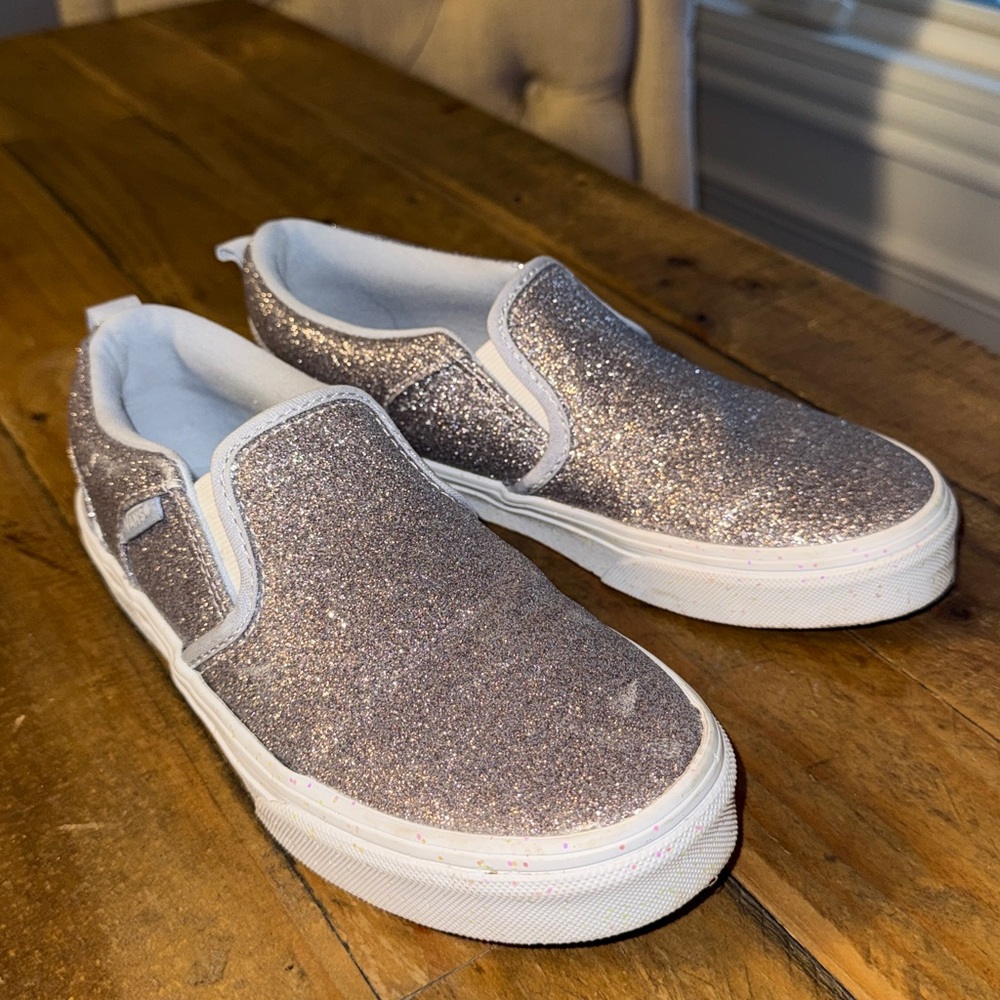 Vans Asher Silver Glitter Sparkle White Trim Kids Slip On Sneakers Shoes Size 3